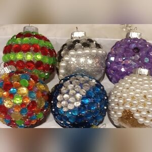 Festive Glass Ornaments with Multicolor Gems. Set Of Six (One Of A Kind)